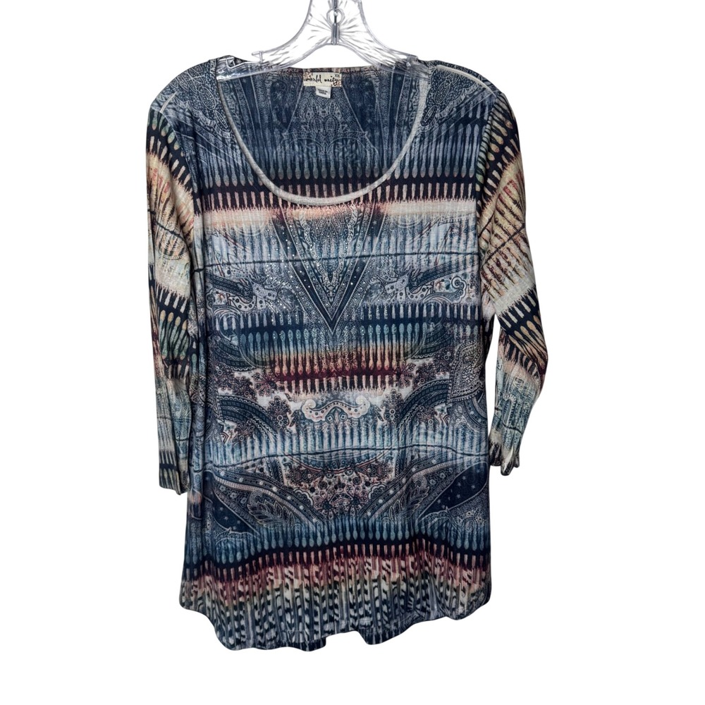 World Unity Womens XXL Blue Tribal Paisley Rhinestone 3/4 Sleeve Top Boho Hippie